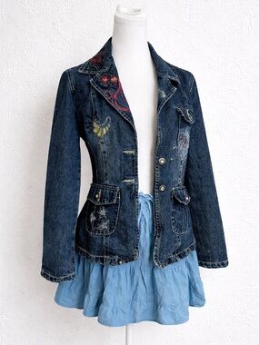 Vintage Embroidered Denim Coat – Boho Fairycore Y2K Jacket S